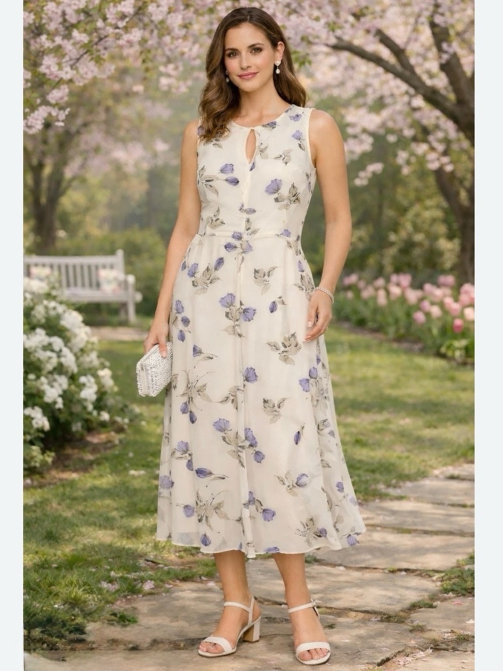 American Living Floral Keyhole Midi Dress Off White Lavender 4